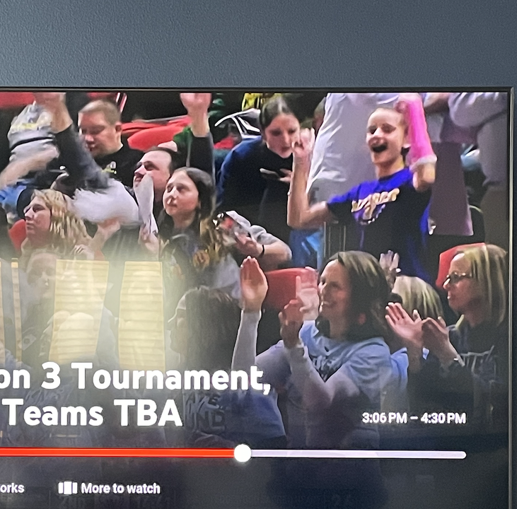 A live-TV screenshot of the author's daughter, in a cast, cheering at a women's high school basketball state tournament